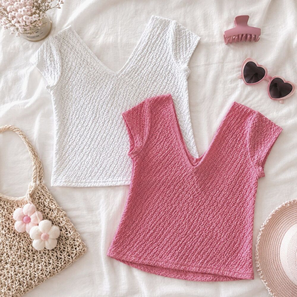 Kona Sol Textured Double V-Neck Crop Tops Size M - Set of 2 (White & Coral)